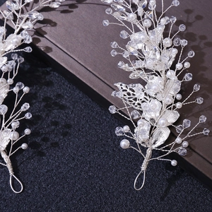 Silver leaf bridal headband with handmade pearls and sparkling crystal branch details