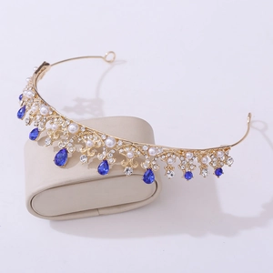 Baroque gold crown for girls with blue crystal teardrops and white pearls for weddings