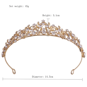 Detail view of gold bridal crown showing dimensions 14.5cm diameter and 3.1cm height