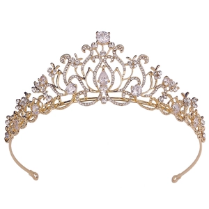Exquisite gold bridal crown featuring lotus patterns and AAA cubic zirconia crystals