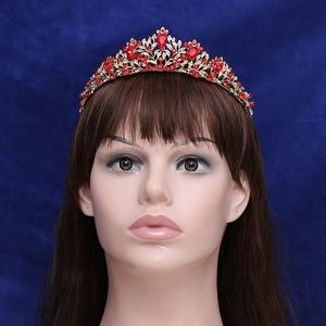 Baroque bridal crown with red rhinestones on gold alloy frame for weddings