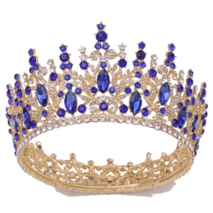 Golden bridal tiara crown with deep blue and white crystals in vintage floral style