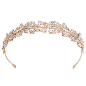 Elegant gold bridal tiara with leaf vine patterns and sparkling white zircons