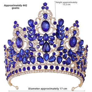 Macro detail of royal crystal crown with dimensions 15.2cm height and blue gemstones