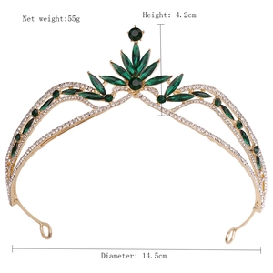 Detail showing height and diameter dimensions of the golden bridal crown with green gems