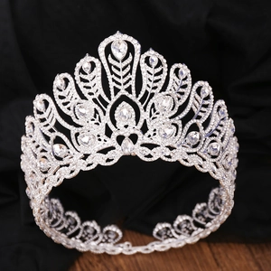 Gros plan d'une couronne de concours argentée avec strass et motifs de plumes élégants