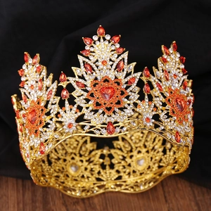 Luxe Baroque Alliage Couronne Avec Strass Cœur Orange Grande Tiare pour Mariage Mariée Coiffure Accessoires de Fête