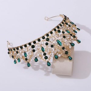Luxury gold bridal crown with vintage emerald green rhinestones and crystal drop pendants