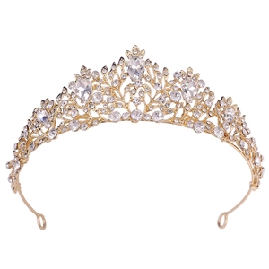 Golden baroque bridal tiara with colorful rhinestones and floral alloy patterns
