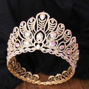 Couronne baroque dorée en forme de paon avec strass AB pour concours de beauté