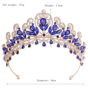 Detailed view of luxury bridal tiara with blue crystals and pearls, height 7.8cm diameter 16cm
