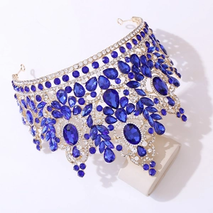 Luxurious gold alloy bridal crown featuring deep blue crystal teardrops and white rhinestones