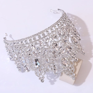 Close-up of luxury bridal tiara with silver plating and shimmering crystal teardrops