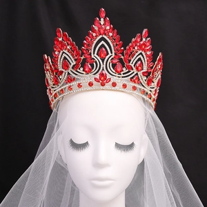 Golden baroque crown with red crystals and bridal veil for weddings and pageants