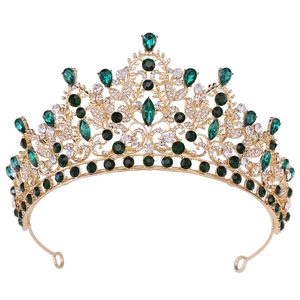 Luxury gold bridal crown with emerald and crystal rhinestones in vintage royal style