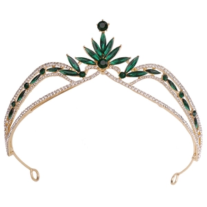 Elegant gold bridal tiara with emerald green crystals and sparkling white rhinestones