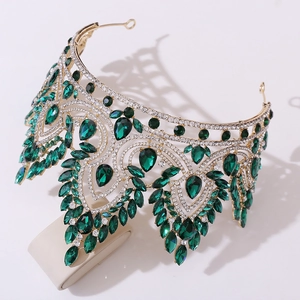Luxury baroque gold bridal crown with emerald green crystals and sparkling white rhinestones