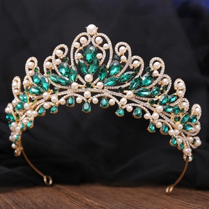 Luxurious vintage gold bridal tiara with emerald green crystals and white pearls