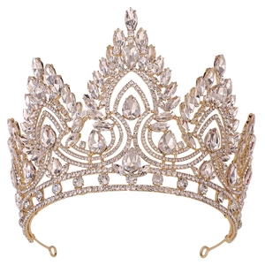 Ornate Baroque crystal bridal crown in gold plated alloy for weddings and pageants