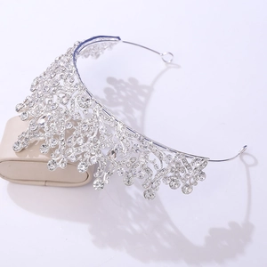 Detailed close-up of a silver bridal crown with intricate vine leaves and sparkling crystals