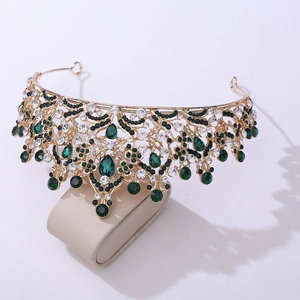Baroque bridal crown with emerald green and white rhinestones on golden alloy base