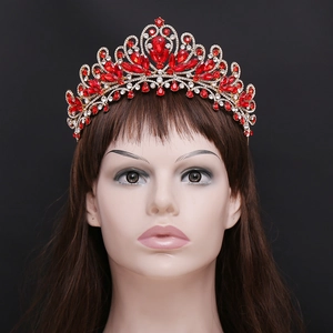 Couronne de mariée luxueuse en argent avec cristaux rouges et strass pour princesse