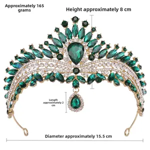 Detailed macro shot of green crystal bridal crown with size dimensions and weight stats