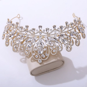 Diadème de mariée de luxe avec cristal central en poire et motif baroque doré