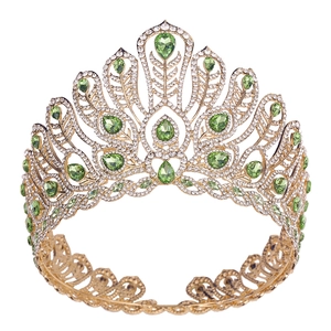 Couronne paon dorée élégante avec pierres vertes en goutte et strass blancs scintillants