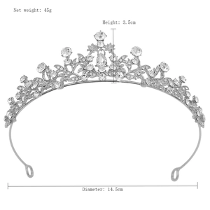 Detailed dimensions of silver bridal tiara with rhinestones 3.5cm height and 14.5cm diameter