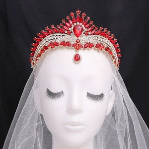 Exquisite bridal red crystal crown with pear-shaped rhinestones and golden finish