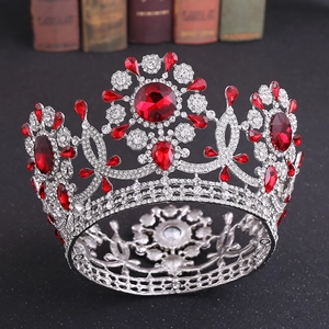 Corona real barroca con cristales rojo oscuro y metal plateado para bodas y desfiles