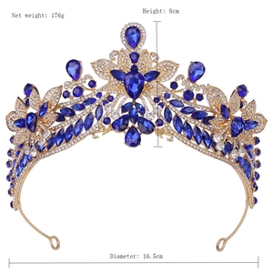Detailed view of bridal gold tiara with blue rhinestones and dimensions 16.5cm diameter