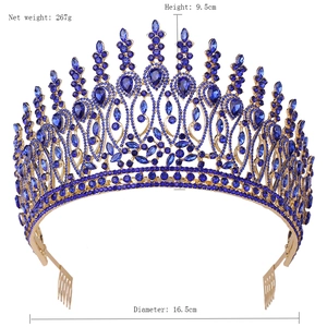 Detailed size view of Baroque gold crown with blue rhinestones showing height and diameter