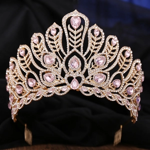 Detailed view of pink gemstone pageant crown with golden alloy feathers and hair comb base