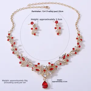 Detailed size specifications for red crystal bridal necklace and earrings set dimensions