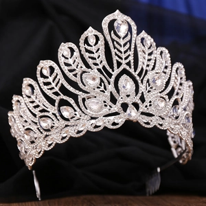 Close-up of silver pageant crown with crystal feathers and side combs on dark fabric