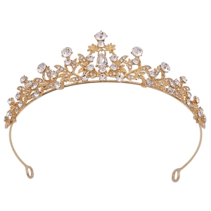 Elegant gold bridal tiara with floral rhinestone patterns and a large teardrop stone