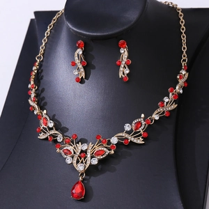 Elegant bridal jewelry set with red water-drop crystals and golden necklace and earrings