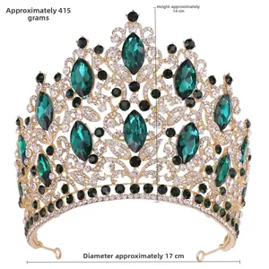 Detailed dimensions of crystal bridal crown with green gems: 14cm height and 17cm diameter