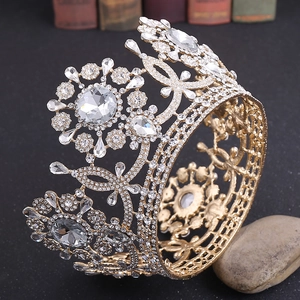 Lujosa corona de novia vintage europea dorada con diamantes de imitación de cristal