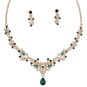 Luxury Alloy Rhinestone Leaf Necklace Earring Set For Women Bridal Wedding Prom Jewelry Set Elegant Waterdrop Pendant Set