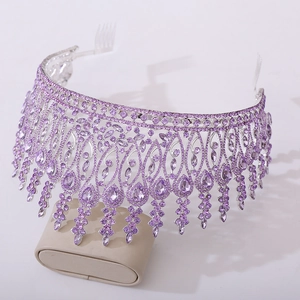 Detail of luxury baroque purple crystal crown with alloy metal and side hair combs