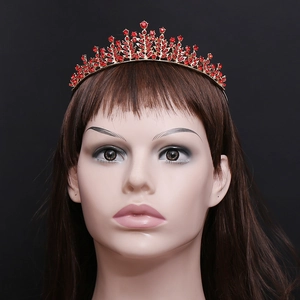 Elegant gold bridal tiara crown with red rhinestones for wedding and princess dress accessories
