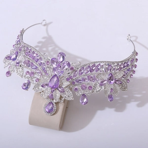 Elegant bridal silver tiara with purple crystals and floral rhinestones for weddings