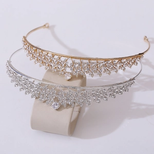 Diadèmes de mariée étincelants en or et argent avec design en cristal de zircon feuillage