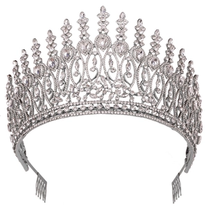 Baroque silver crown with sparkling crystals and side hair combs for bridal pageant