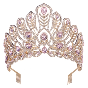 Luxury Alloy Rhinestone Crown Tiara Vintage Peacock Feather Design Crystal Hair Accessories For Pageant Wedding Party Women
