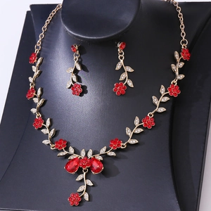 Exquisite Rhinestone Flower Necklace Earring Set For Women Bridal Wedding Party Elegant Alloy Leaf Jewelry Set Accessories