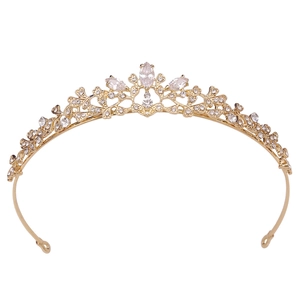 Elegant gold bridal tiara with zircon leaf patterns and sparkling crystal rhinestones